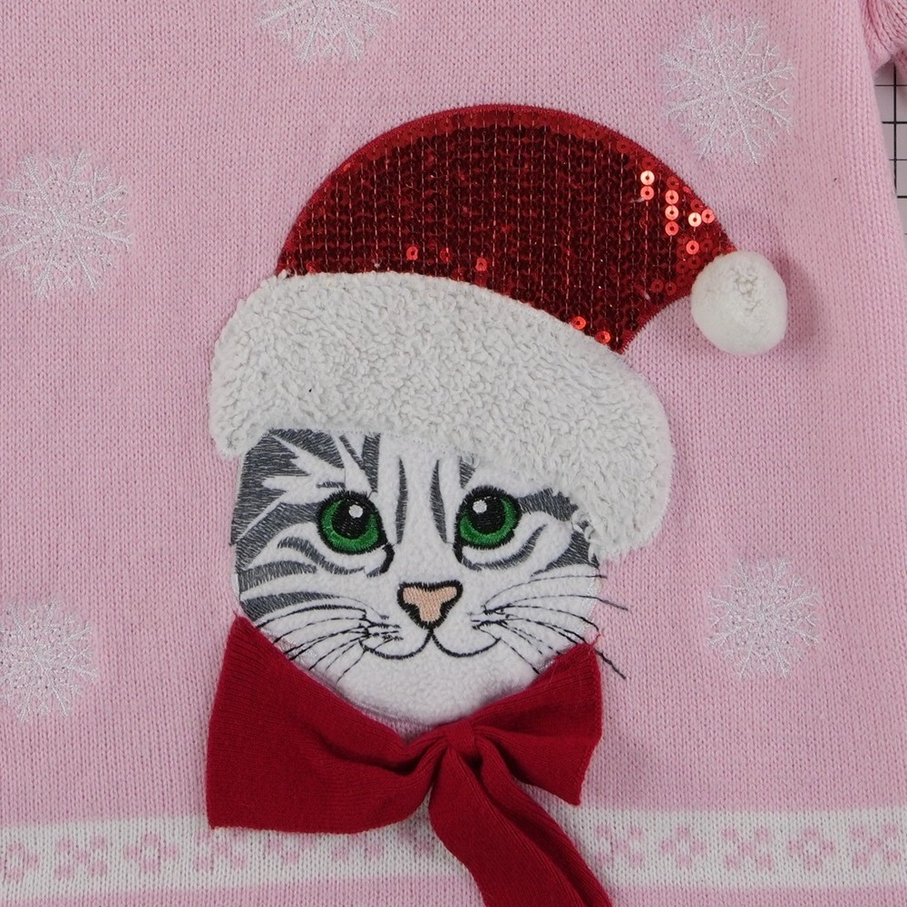 Holiday Time Sweater Women's Size Large 12-14 Pink Christmas Cat Santa Sequin - Picture 4 of 8